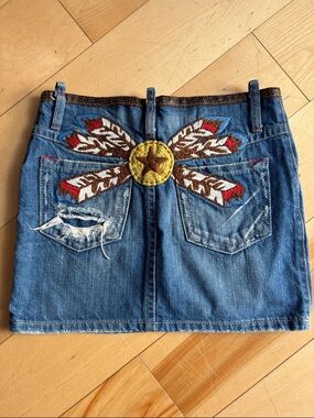 Y2K Vintage Distressed Embroidered Denim Ref Pepper Mini Skirt Blue - XS
